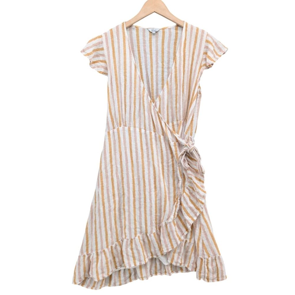 Rails Brigitte Wrap Dress Amber Metallic Stripe Linen Ruffle Flutter Sleeve Sz M